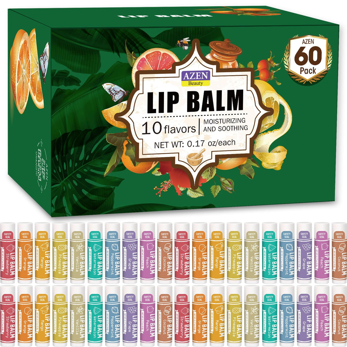 AZEN 60-pack flavors overview showing variety for daily lip care