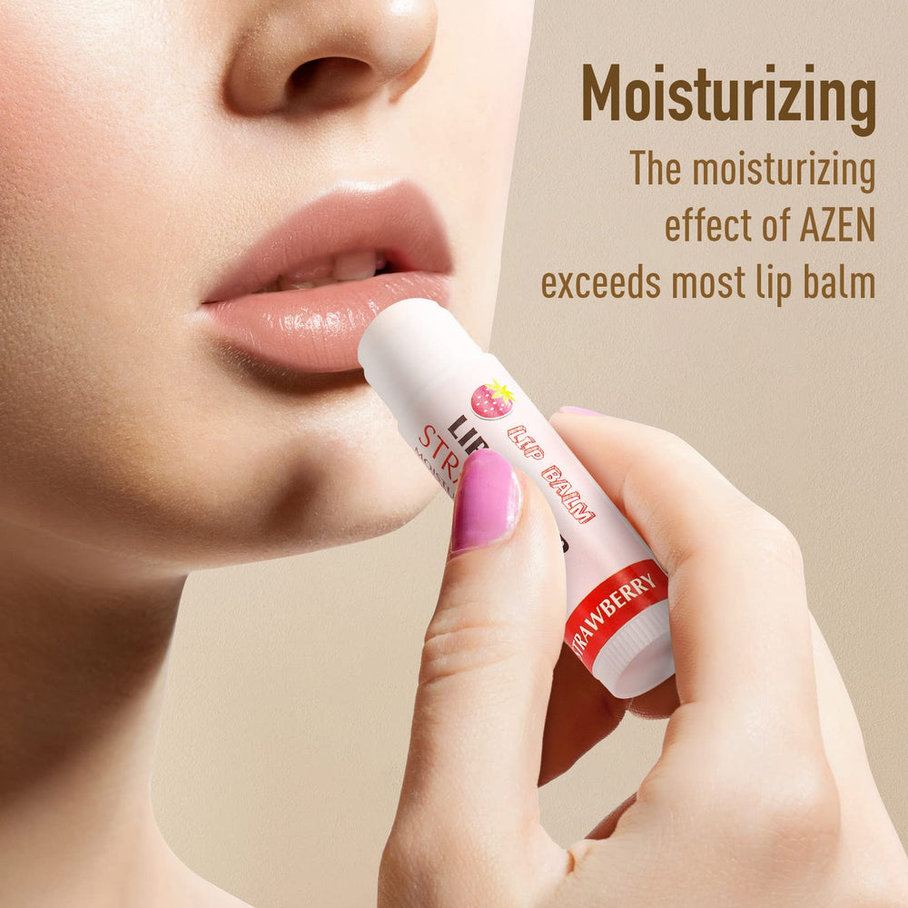 AZEN lip balm strawberry flavor closeup with fruity scent and instant hydration.