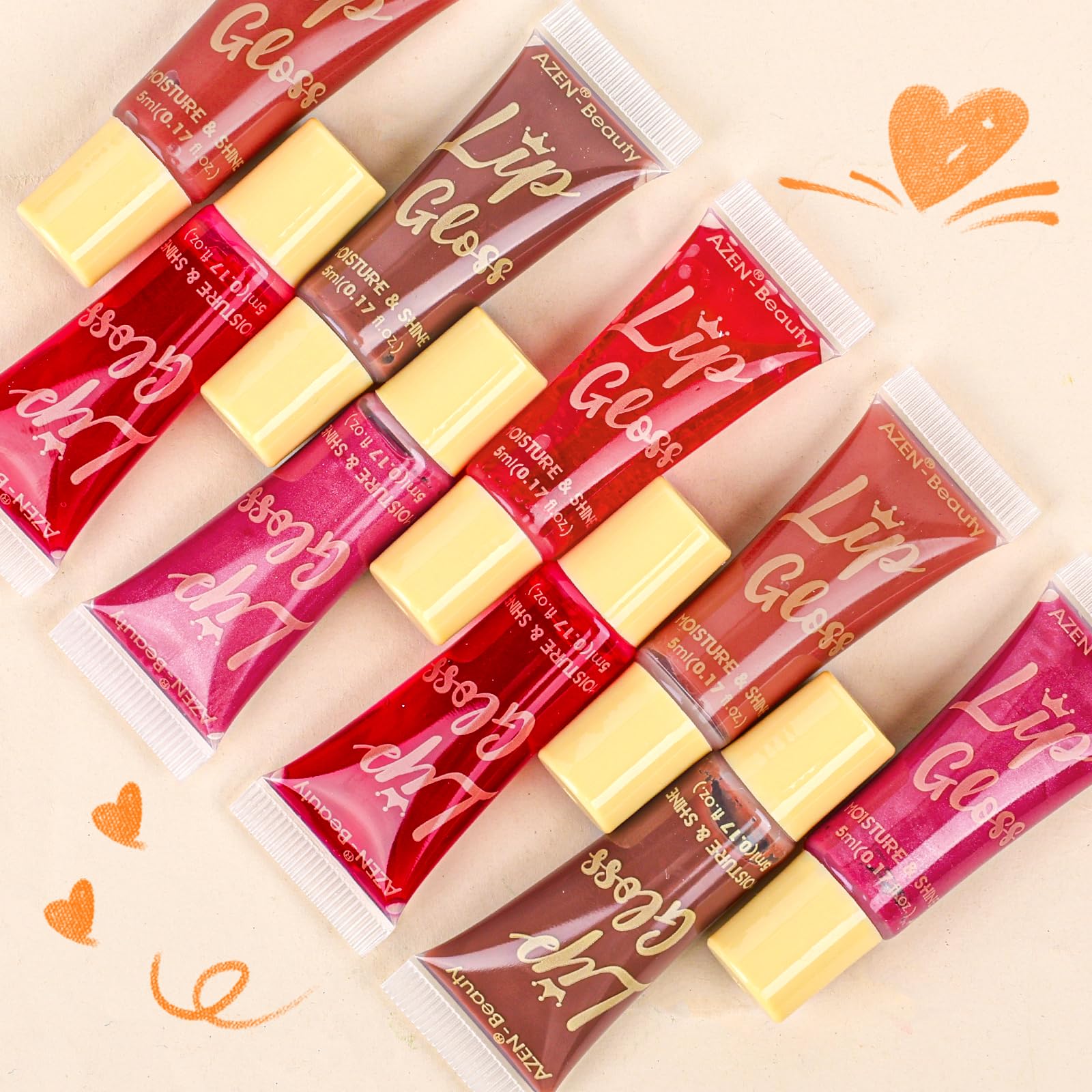 AZEN lip gloss tubes provide a long-lasting high-shine finish on lips.