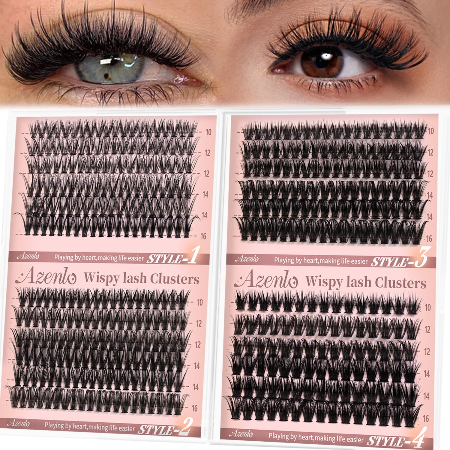 Azenlo Wispy Lash Clusters box with four styles for daily and party looks.