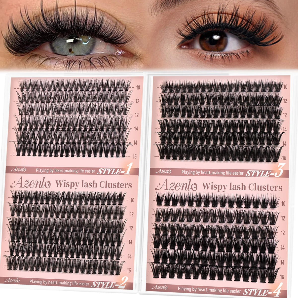 Azenlo Wispy Lash Clusters box with four styles for daily and party looks.