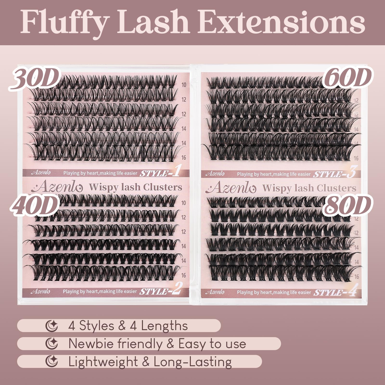 Azenlo Wispy Lash Clusters density range from 30D to 80D for versatile volume.