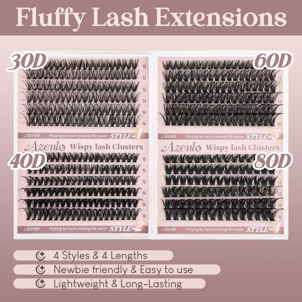 Azenlo Wispy Lash Clusters density range from 30D to 80D for versatile volume.