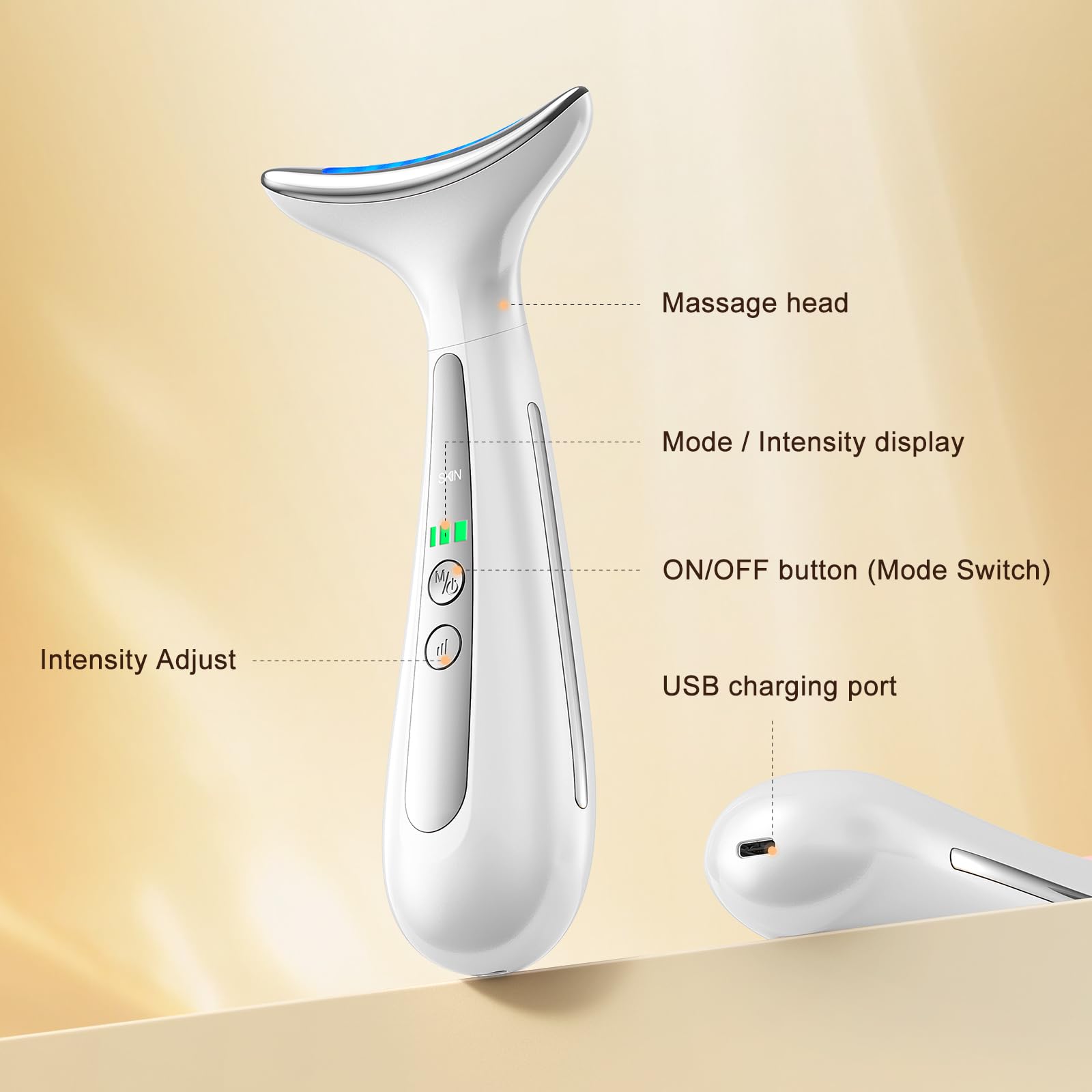 AZMAVO curved arc head used across cheeks and neck for a full-face routine.
