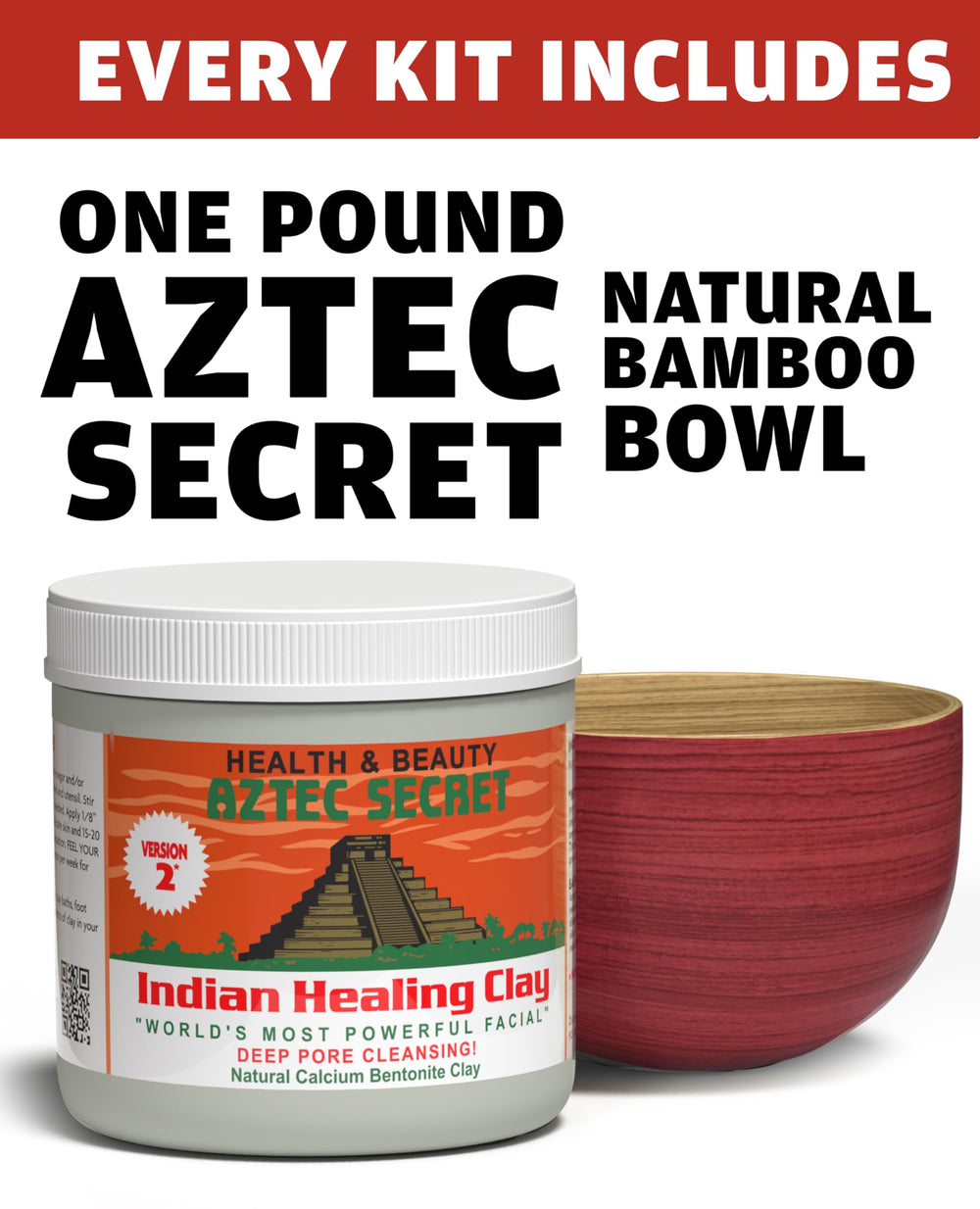 Aztec Secret clay kit with bamboo mixing bowl for safe, non-metal preparation.