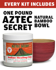 Aztec Secret clay kit with bamboo mixing bowl for safe, non-metal preparation.
