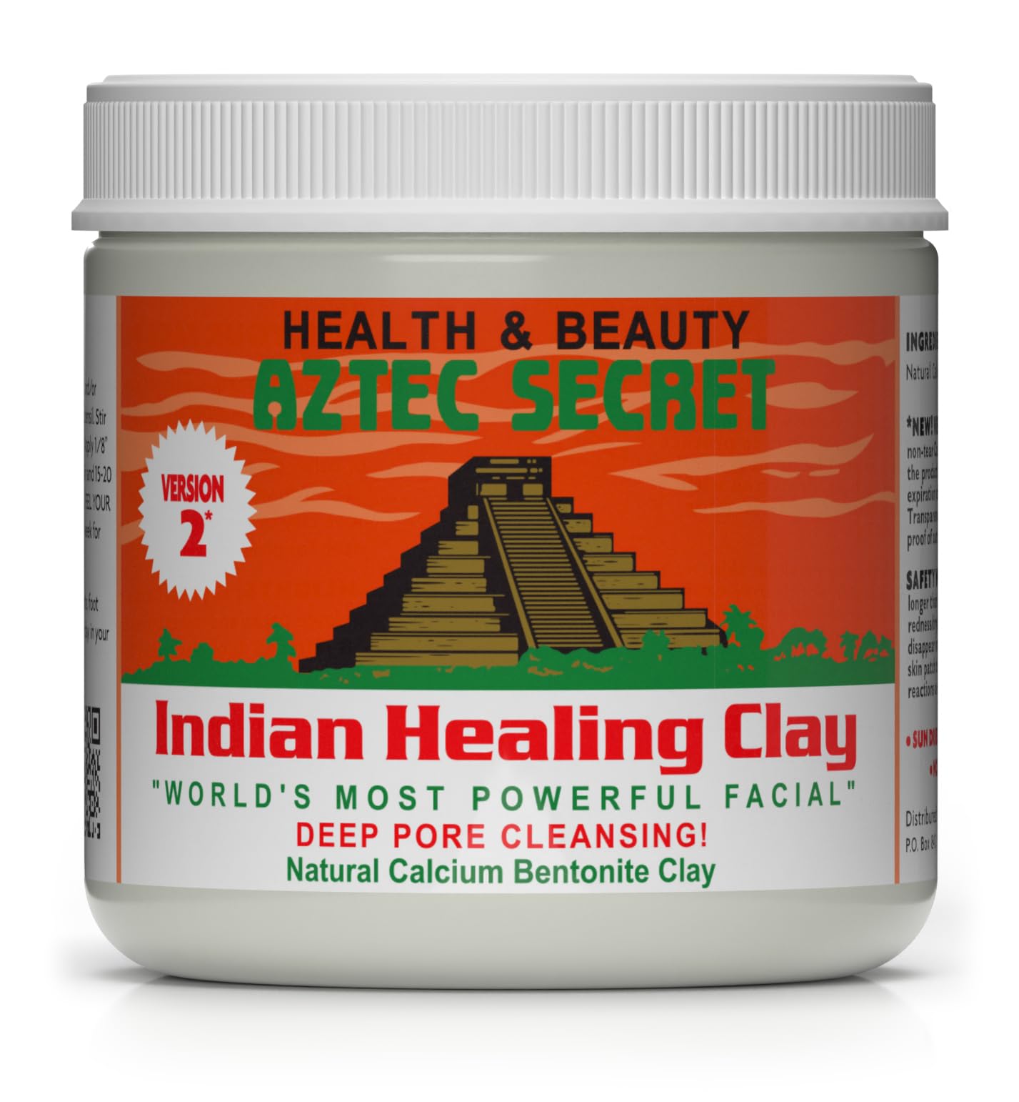 Aztec Secret Indian Healing Clay bottle closeup highlighting deep pore cleansing potential.