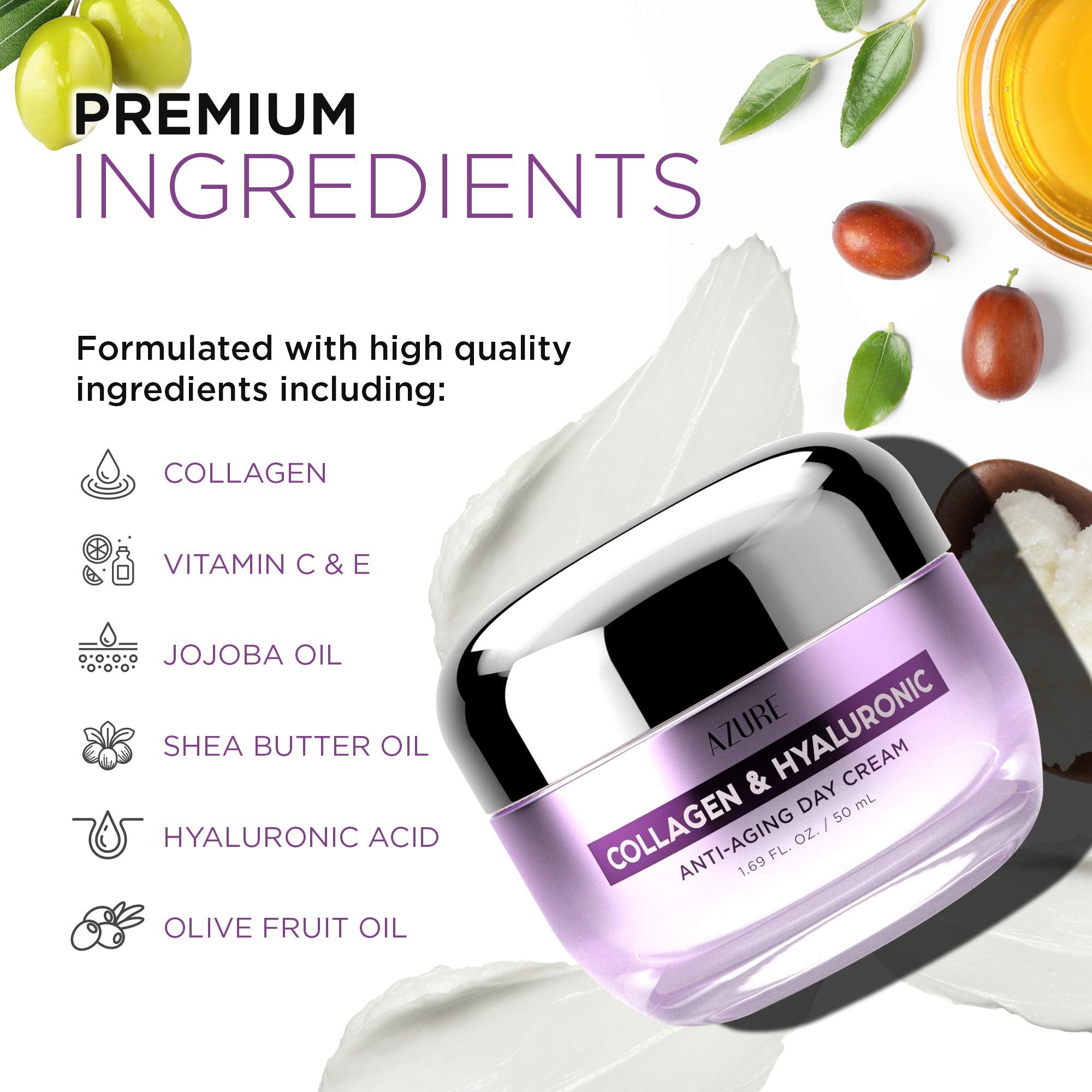 Azure Cosmetics collagen-hyaluronic face cream packaging with clean beauty label.