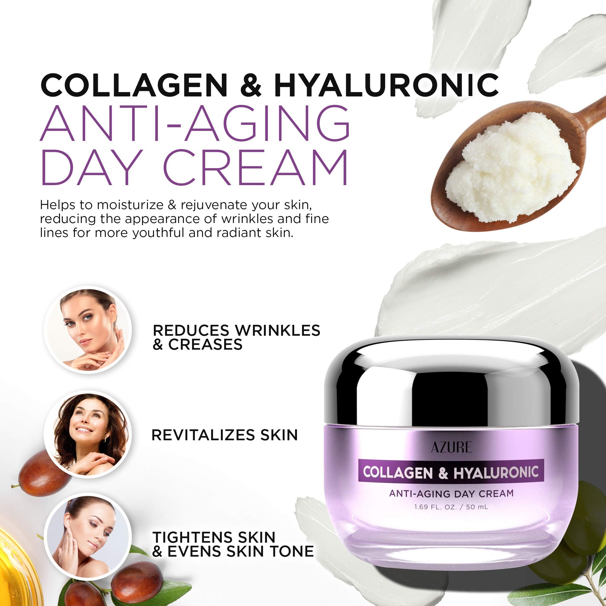 Azure Cosmetics collagen-hyaluronic face cream swatch close-up showing creamy texture.