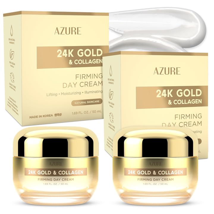 Azure Cosmetics 24K Gold & Collagen moisturizer bottle with a radiant glow for daily hydration