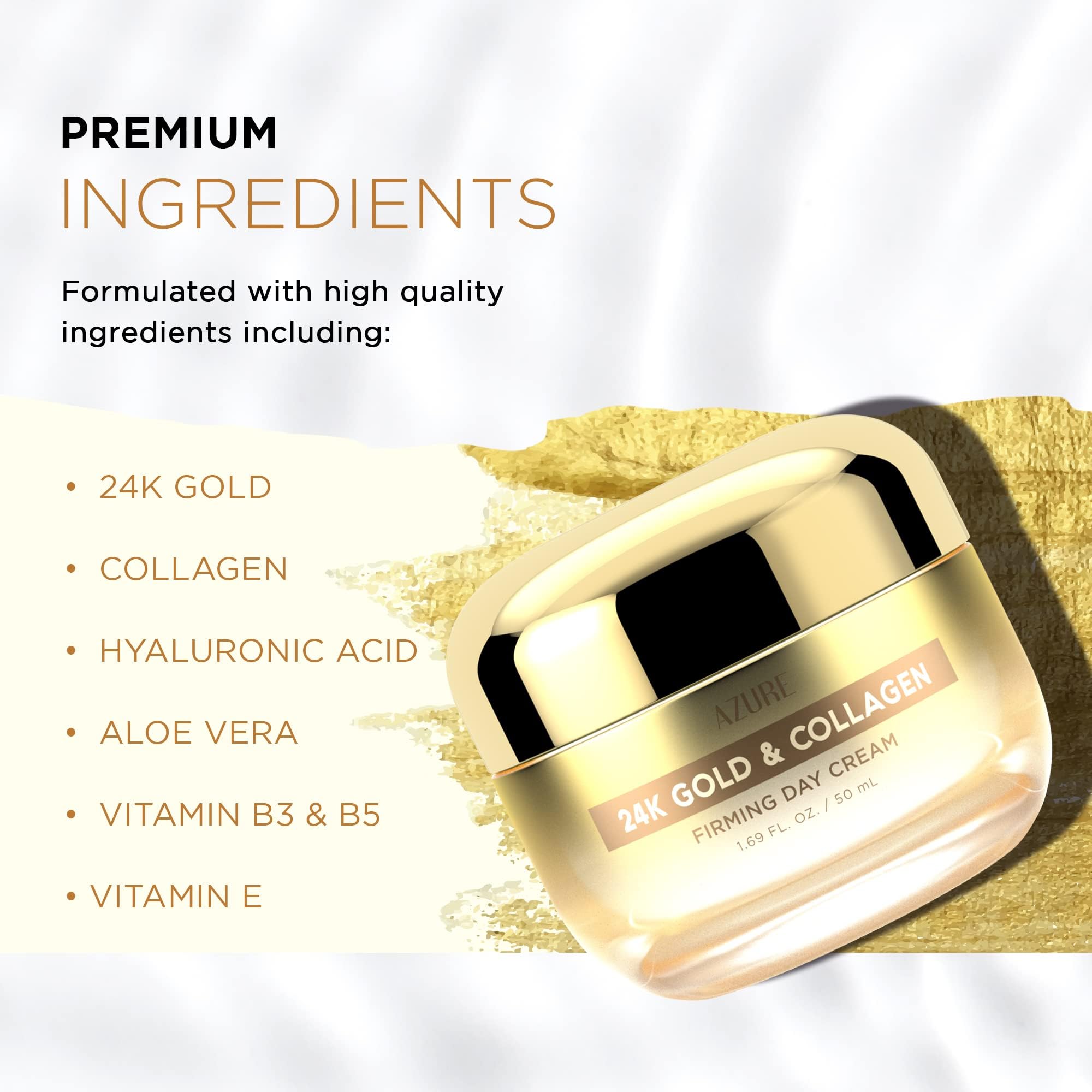 Azure Cosmetics 24K Gold & Collagen jar closeup showing texture and premium design