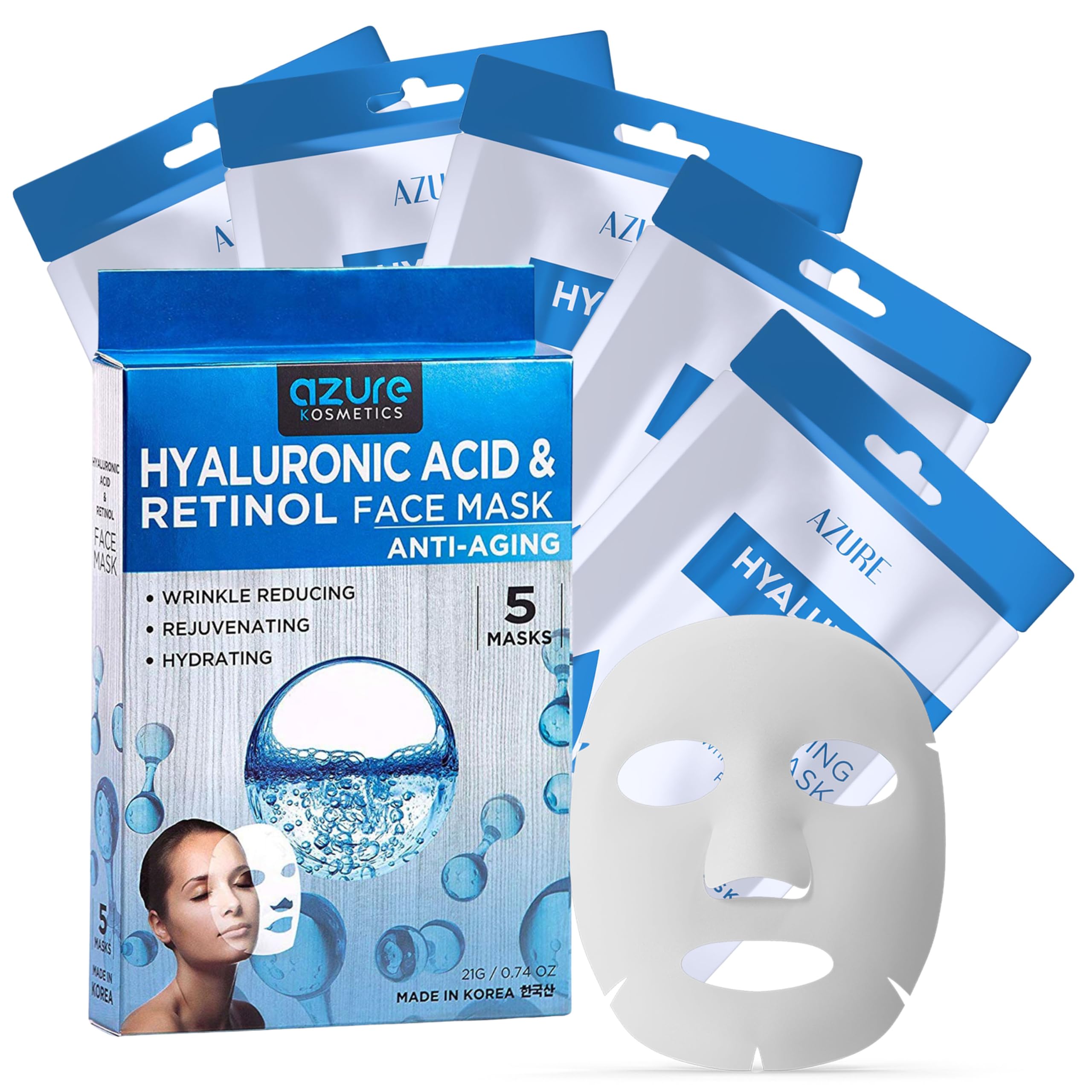 Azure Cosmetics Hyaluronic Acid & Retinol Mask pack of 5 for hydration and rejuvenation