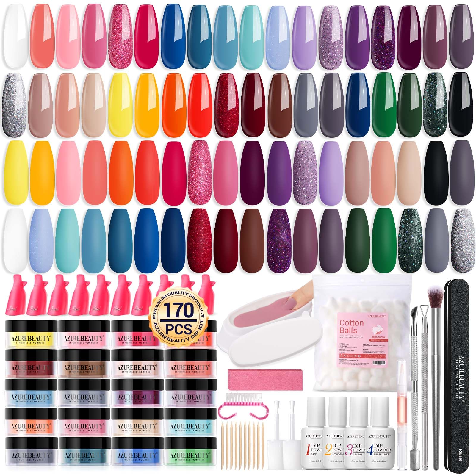 AZUREBEAUTY 170Pcs dip kit inside box showing colors and tools for home use