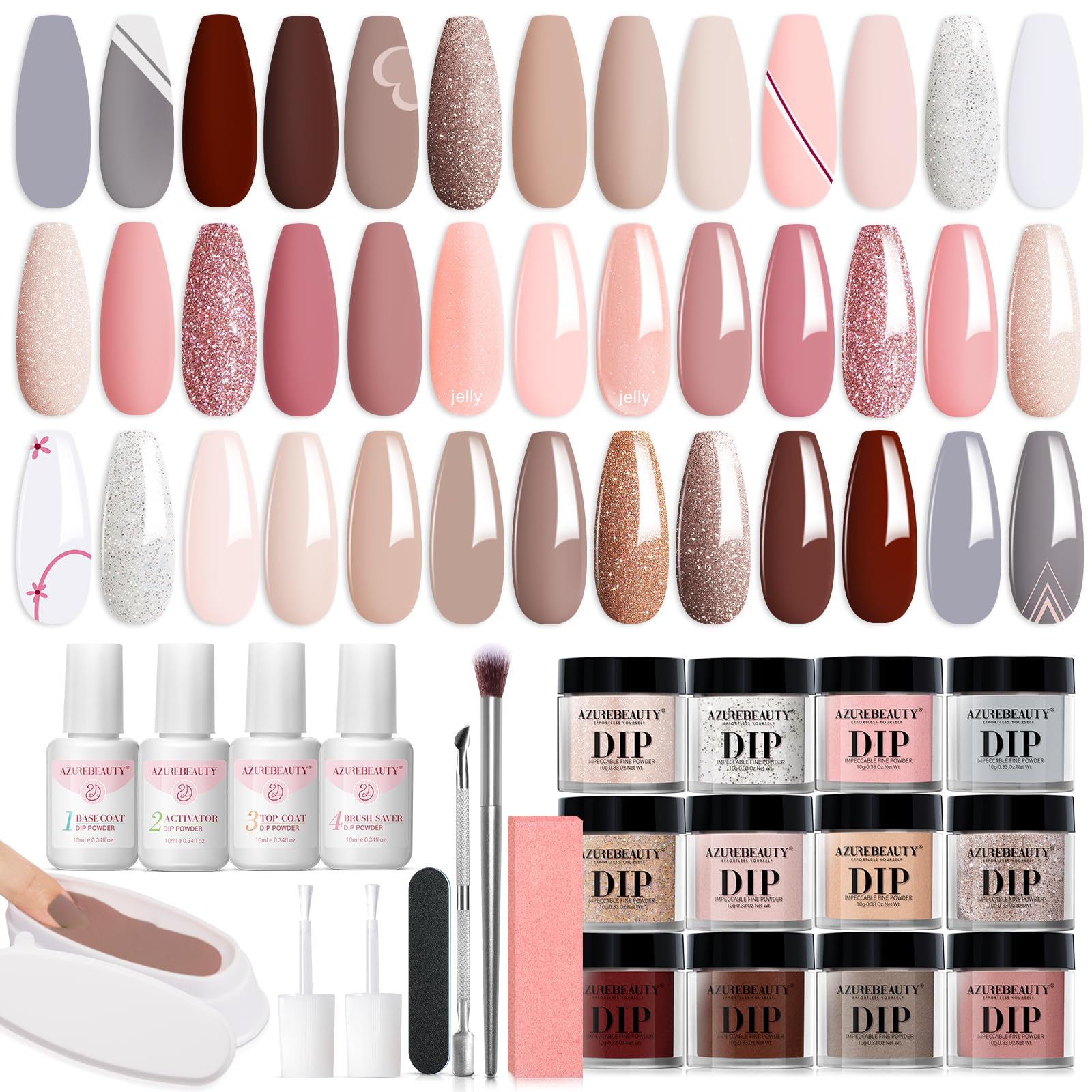 AzureBeauty 29-piece dip powder kit starter set with organized components for easy at-home manicures.