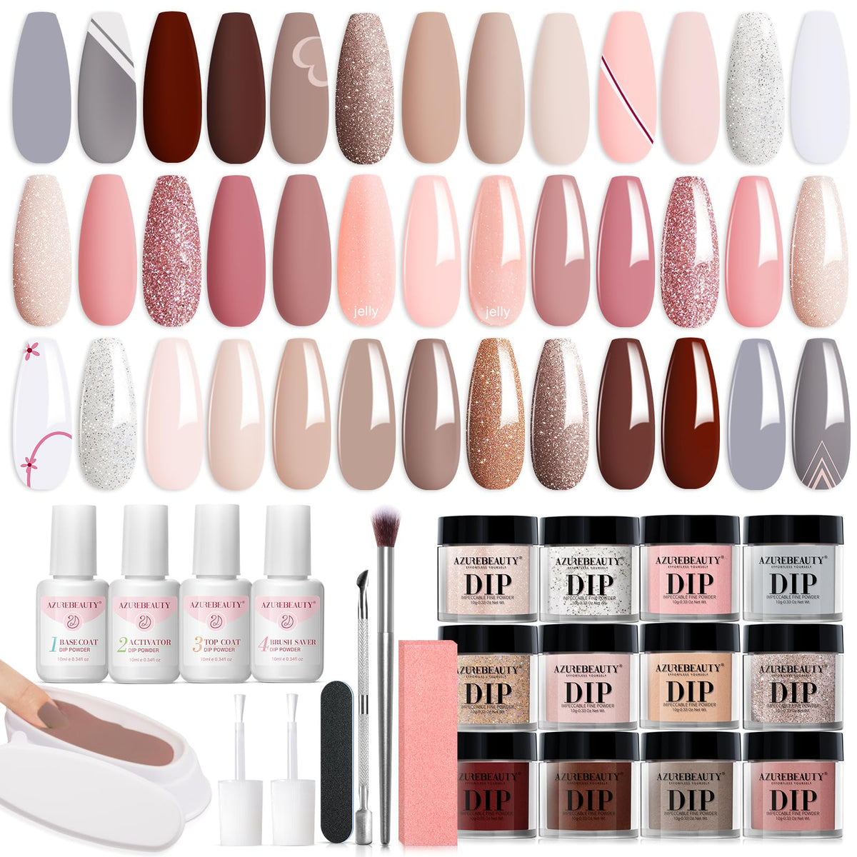 AzureBeauty 29-piece dip powder kit starter set with organized components for easy at-home manicures.