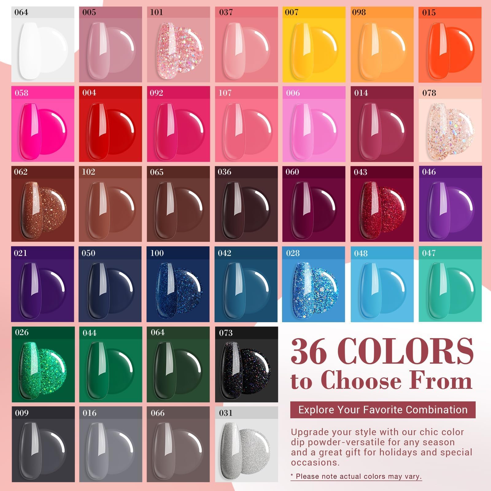 AZUREBEAUTY 36-color dip powder swatches in a palette for DIY manicures.