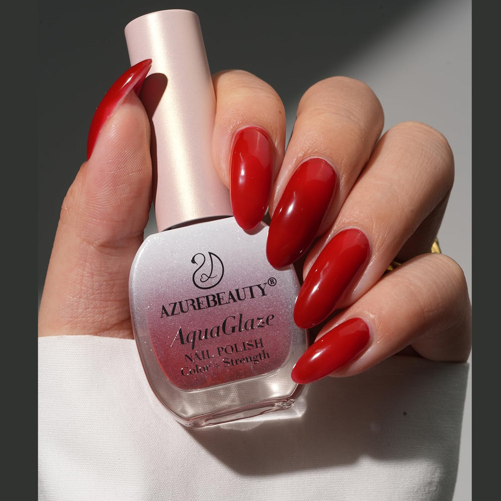 AzureBeauty AquaGlaze formula bottle shot highlighting water-rich nails with hydrating color.