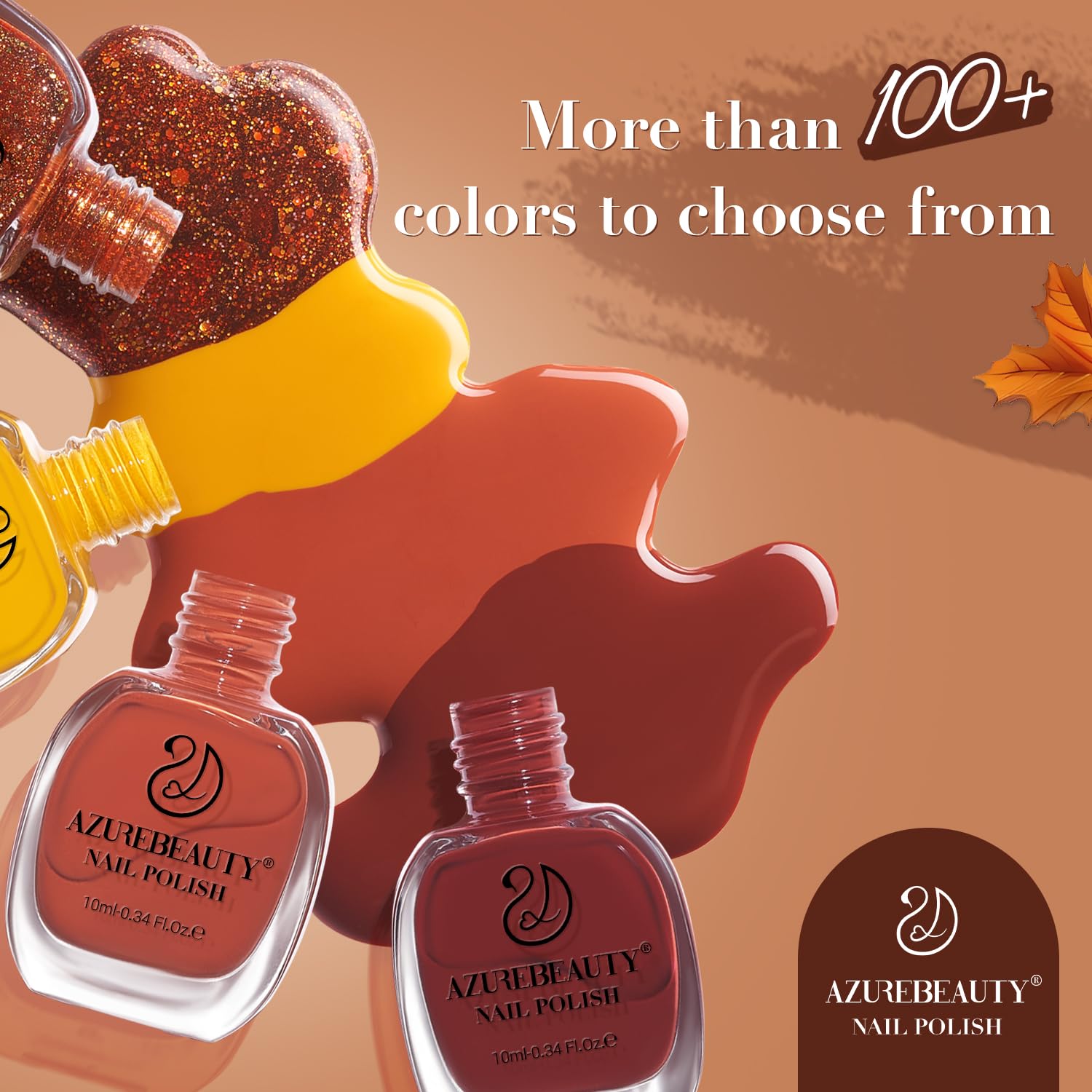 Product shot of AZUREBEAUTY brown nail polish beside swatches and bottle.