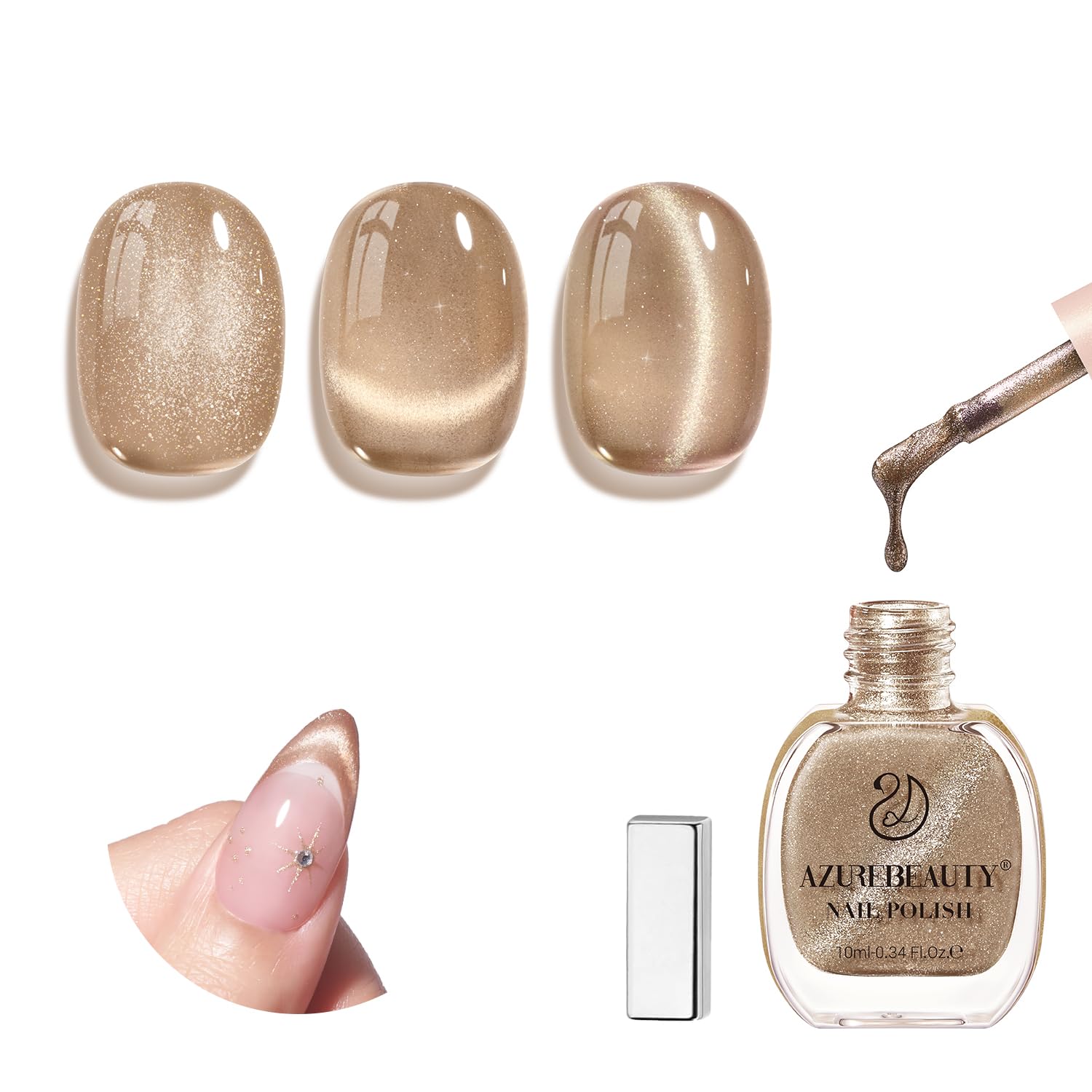 AZUREBEAUTY cat-eye nail polish bottle showing magnetic effect for chic nails.