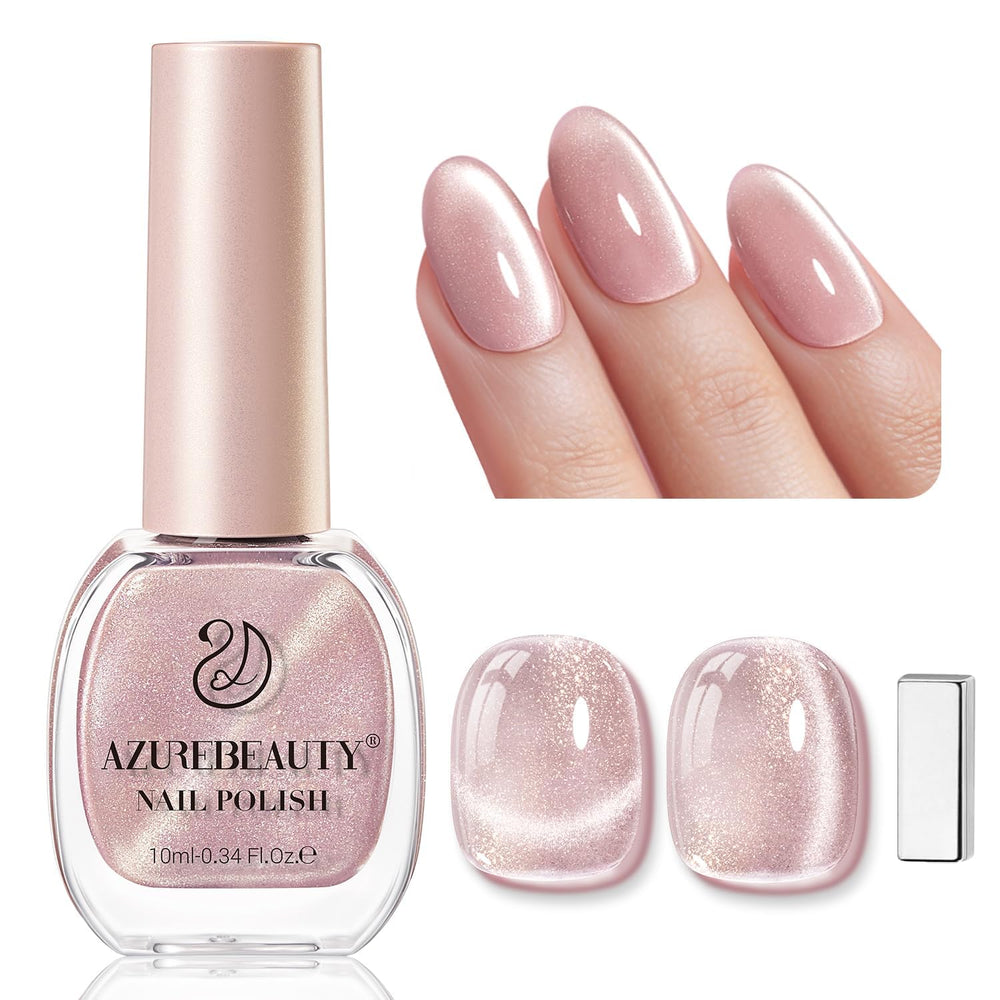 AzureBeauty Cat Eye Nail Polish bottle closeup shows nude glitter for elegant daily wear
