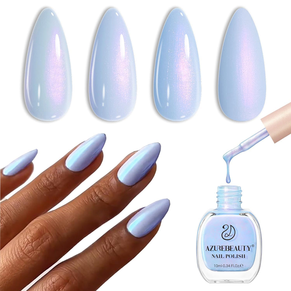 AzureBeauty Celestial Blue nail polish bottle close-up for quick-dry at-home manicures.