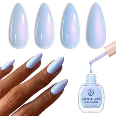 AzureBeauty Celestial Blue nail polish bottle close-up for quick-dry at-home manicures.