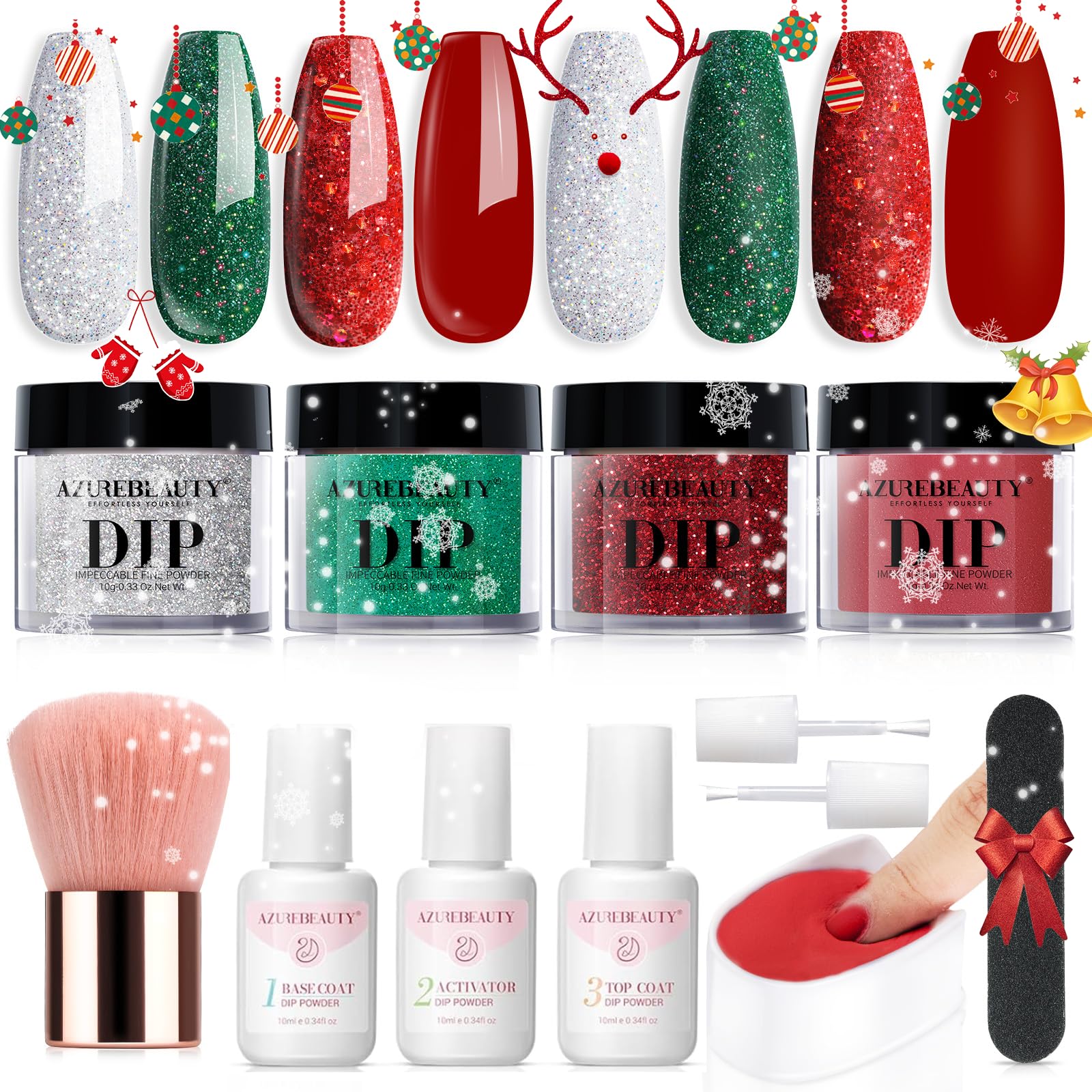AZUREBEAUTY Christmas dip powder kit with green, red glitter and silver swatches for festive nails.