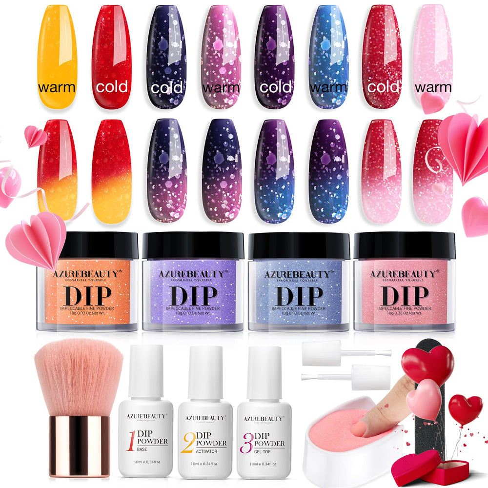 AzureBeauty color-changing dip powder kit unboxing highlights temperature-reactive shades for DIY nails