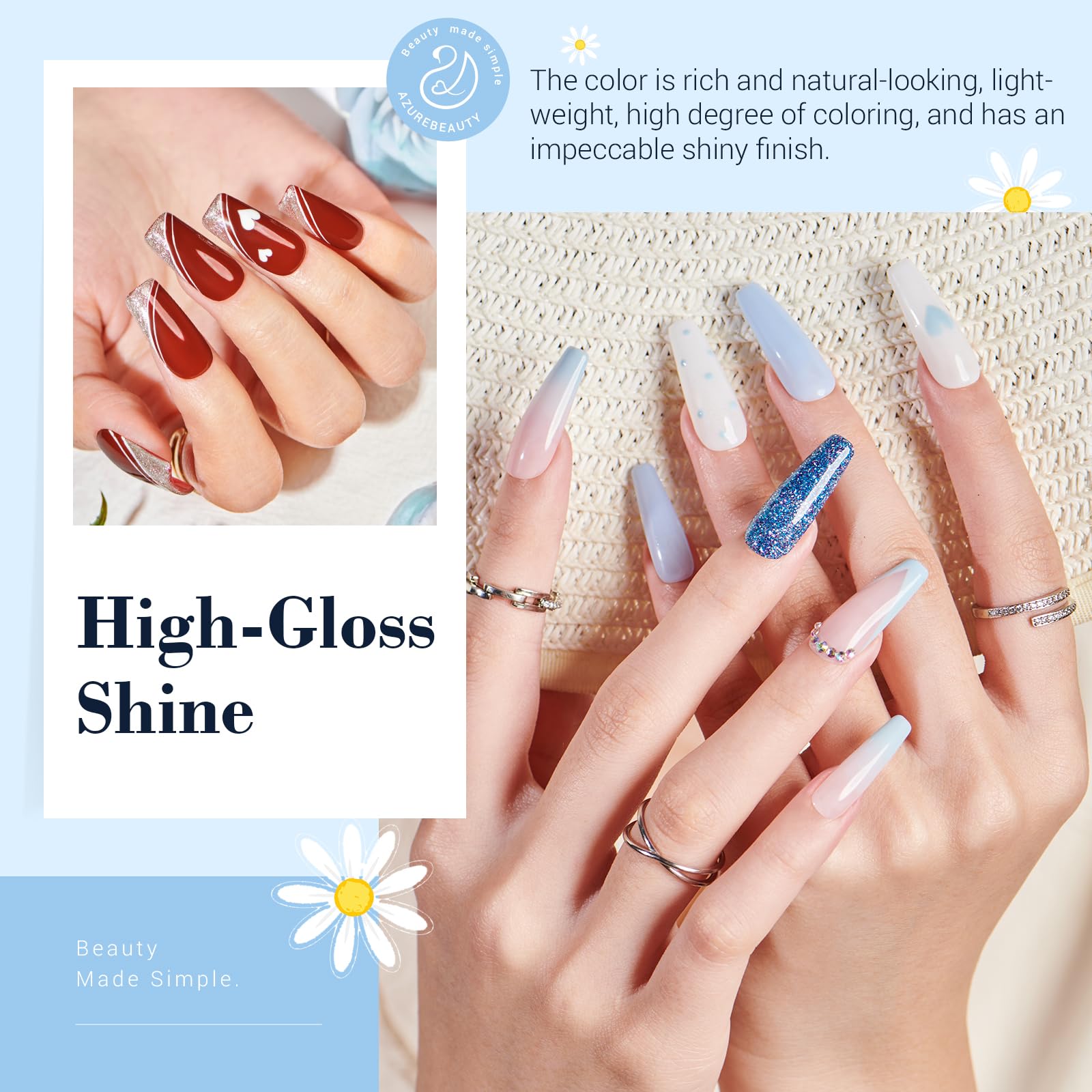 AzureBeauty base coat highlights smooth, durable coverage for natural-looking nails.