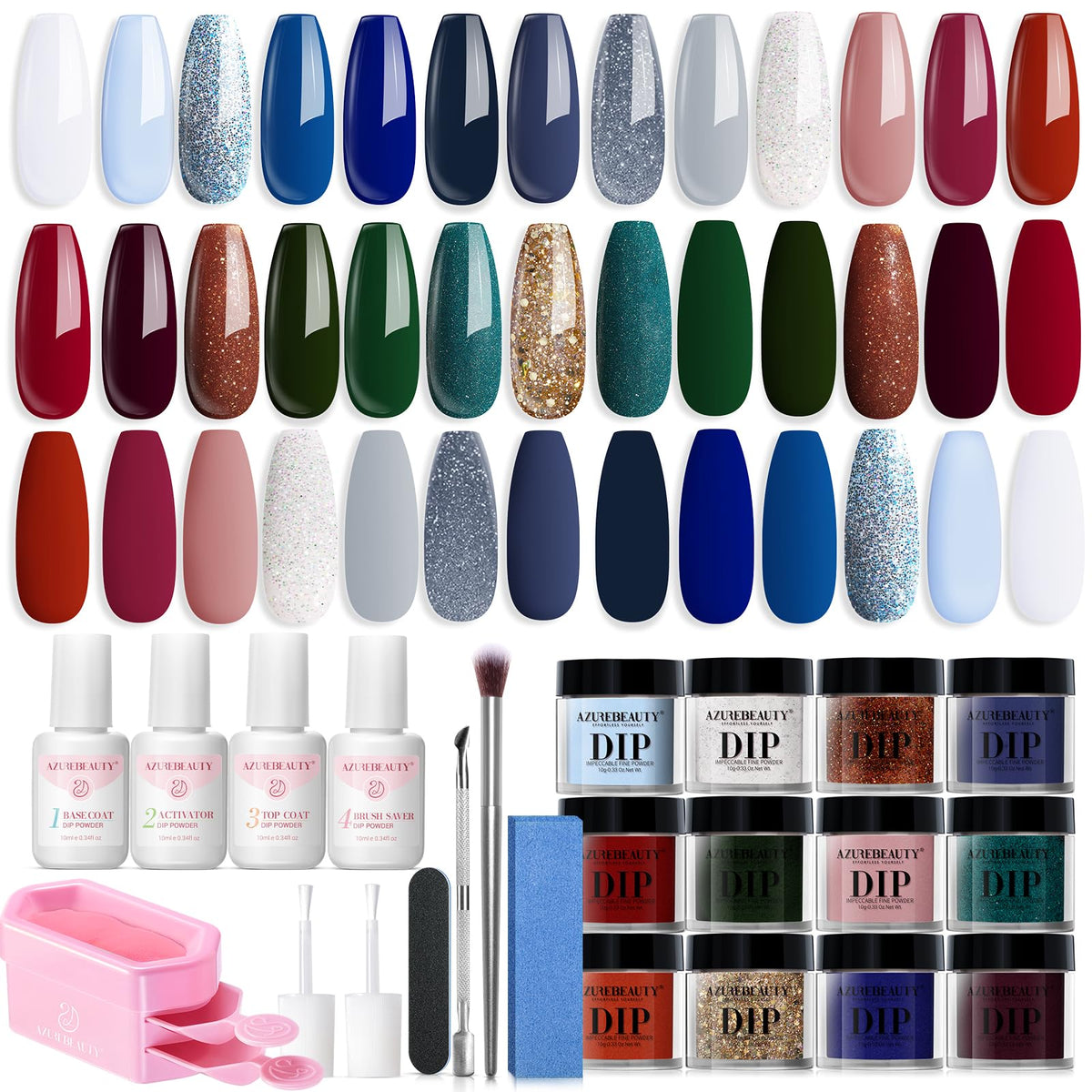AzureBeauty dip powder color swatches for vibrant nail art ideas and long-lasting wear.