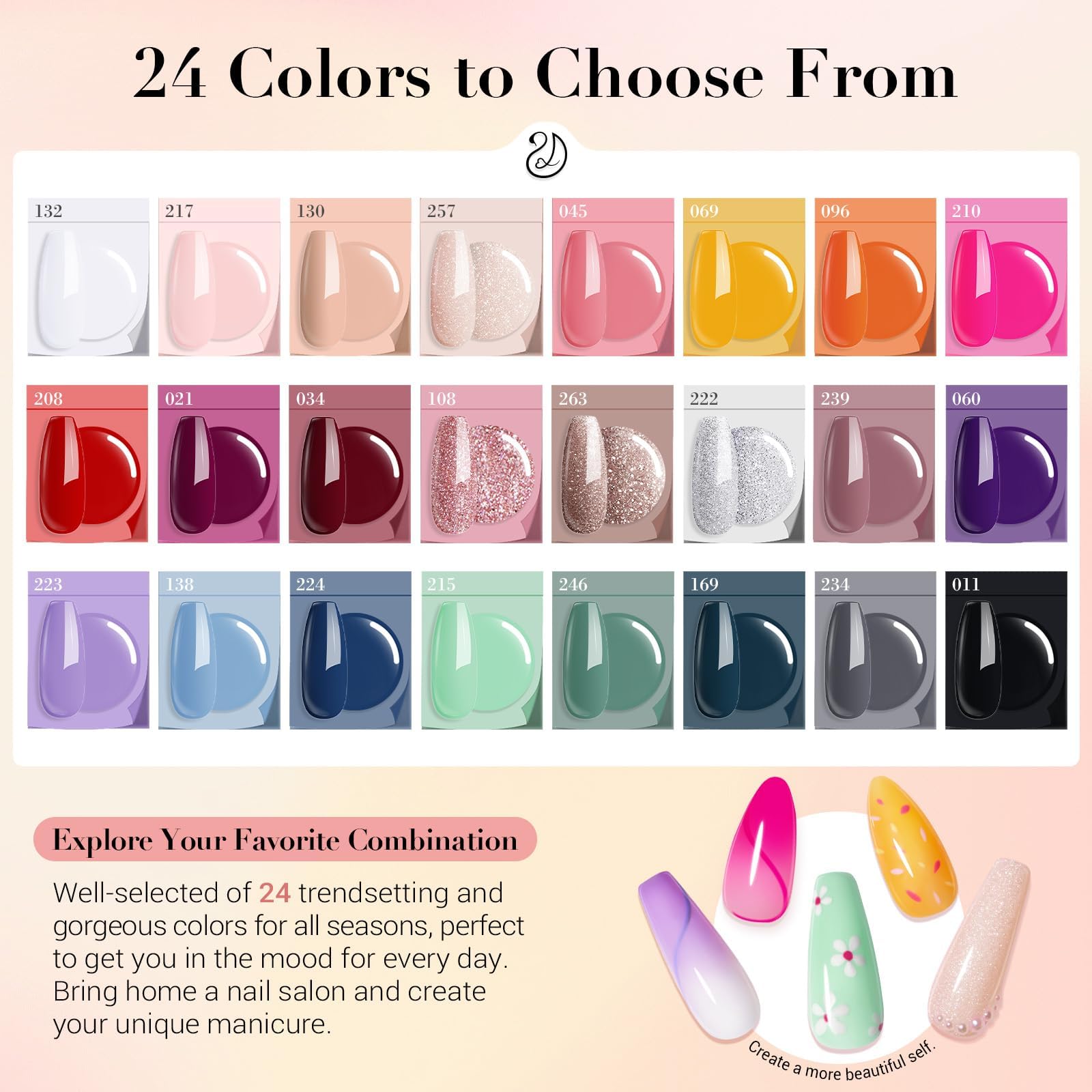 AZUREBEAUTY 24 color dip powders swatches with nude, pink, glitter, and red tones.