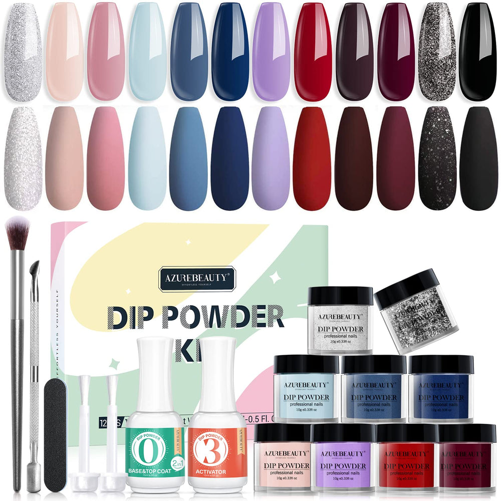 AZUREBEAUTY dip powder kit 12 colors swatches for vibrant, long-lasting nails