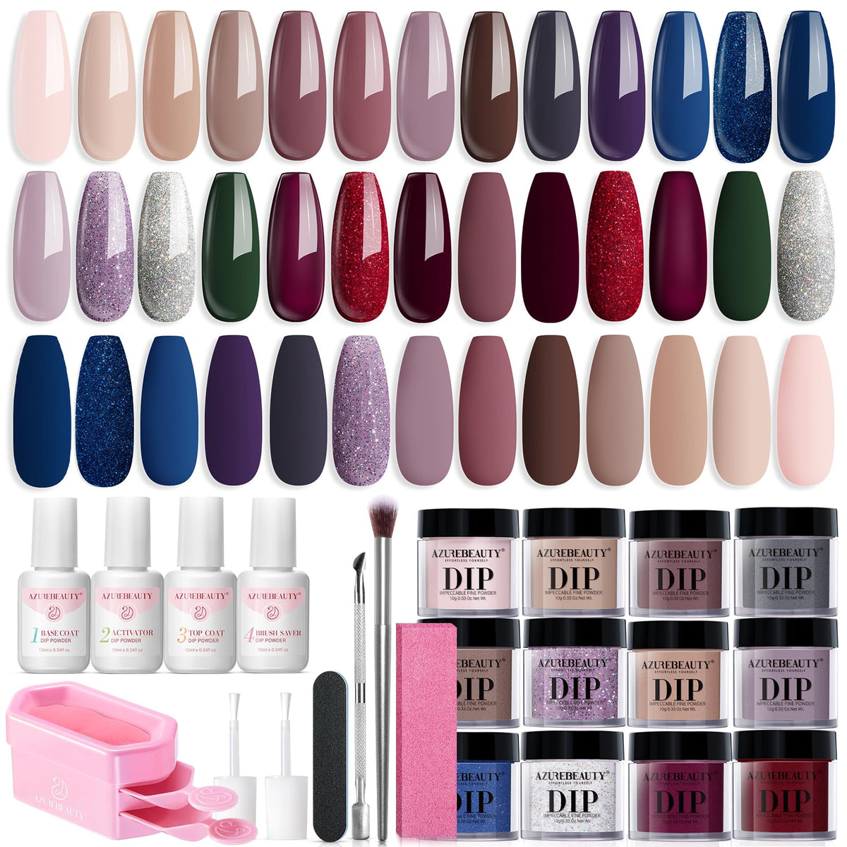 AZUREBEAUTY Dip Powder Kit 20 Colors swatches showcase versatile nail color options.