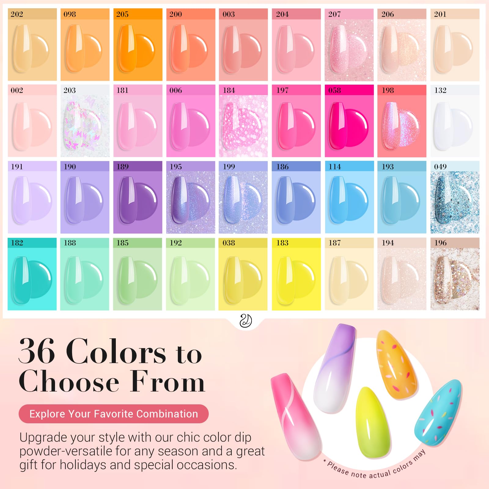 AzureBeauty 36-color dip powder palette offers pastel tones for versatile designs.