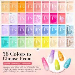 AzureBeauty 36-color dip powder palette offers pastel tones for versatile designs.
