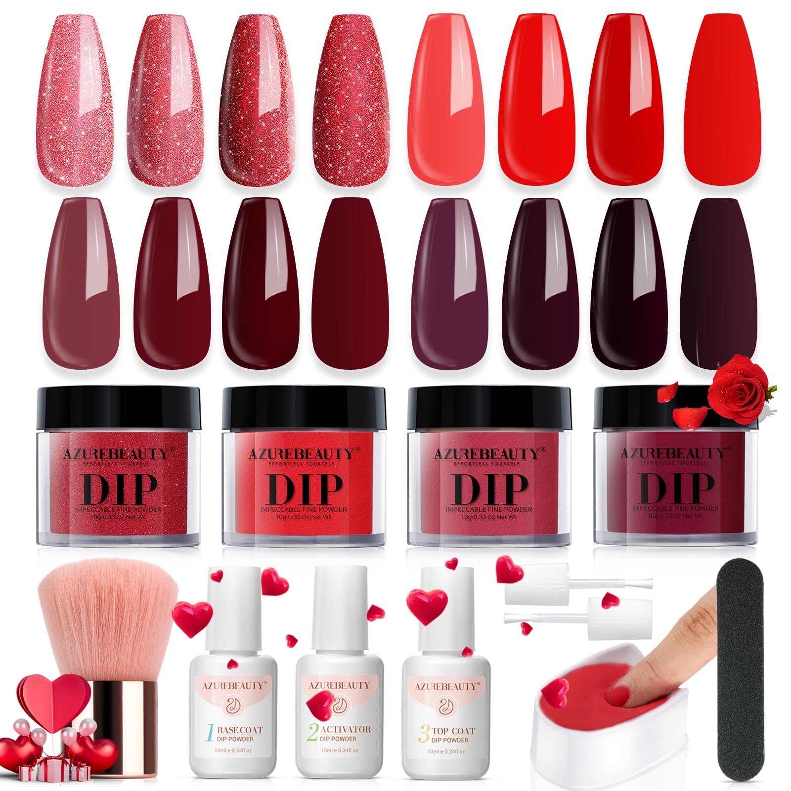 AzureBeauty dip powder kit with four red shades for salon-quality nails at home.