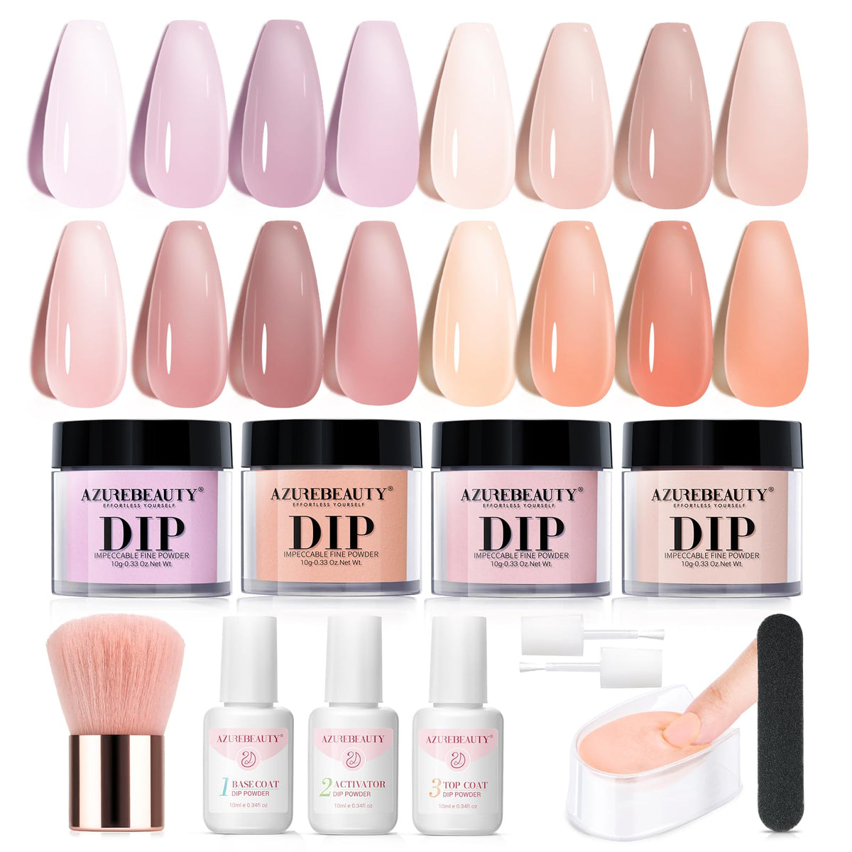 AZUREBEAUTY dip powder kit contents for beginners, with tools and tray for organized nail art.