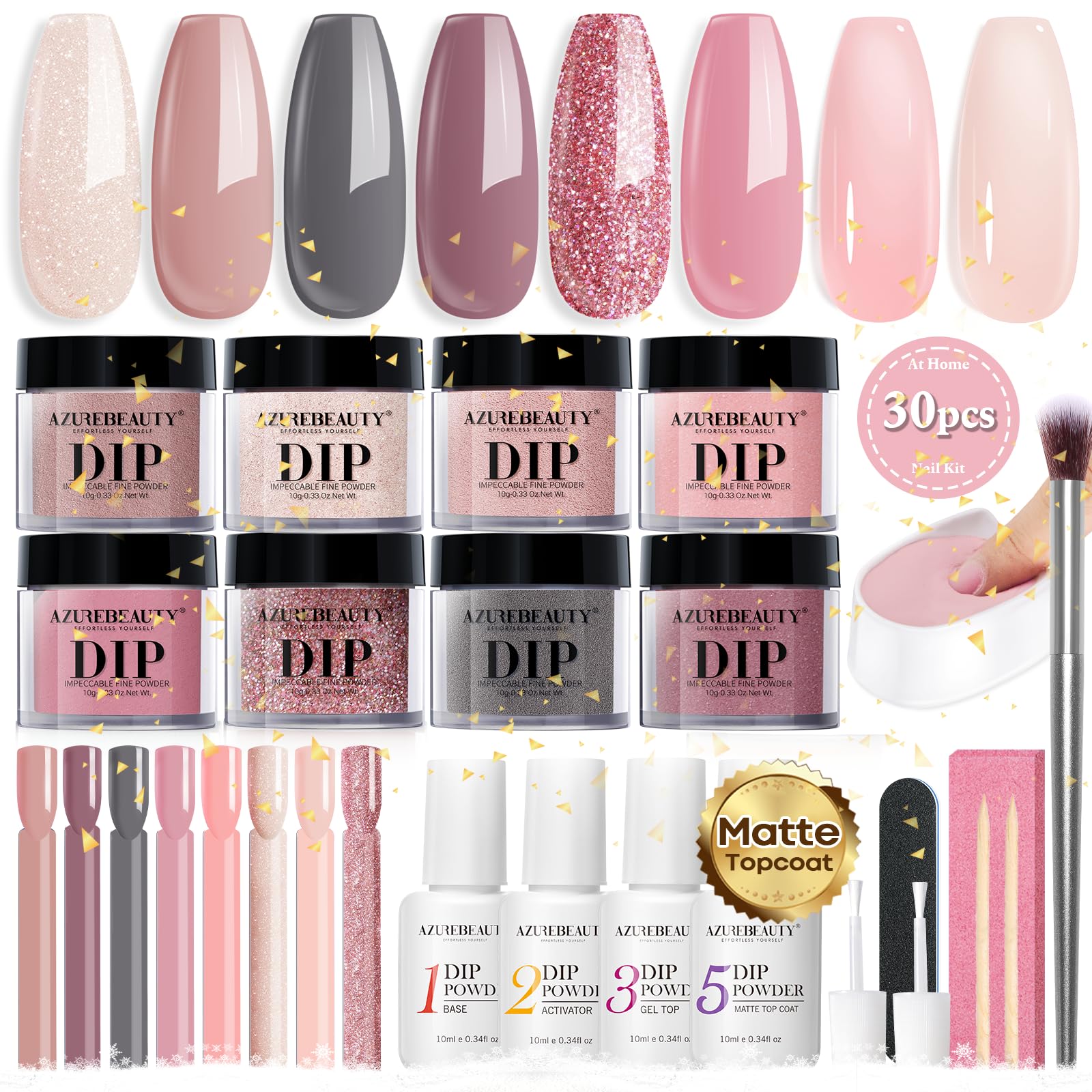 AZUREBEAUTY dip powder kit contents show a complete system for salon-quality nails without lamps