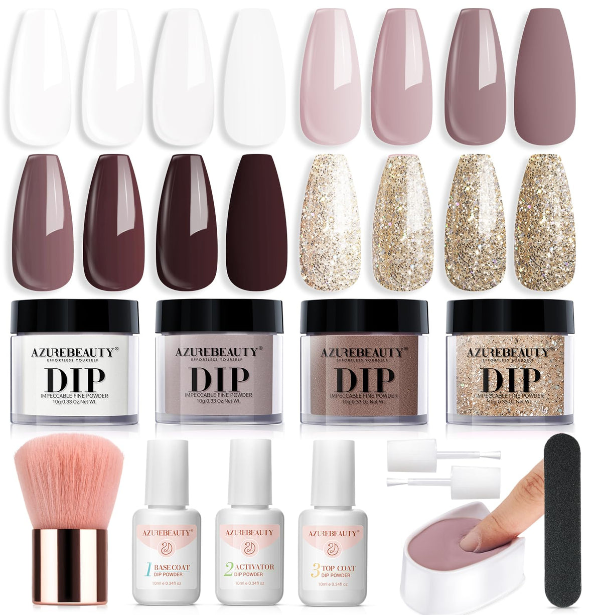 AZUREBEAUTY dip powder kit with milky white and mauve tones for at-home salon look