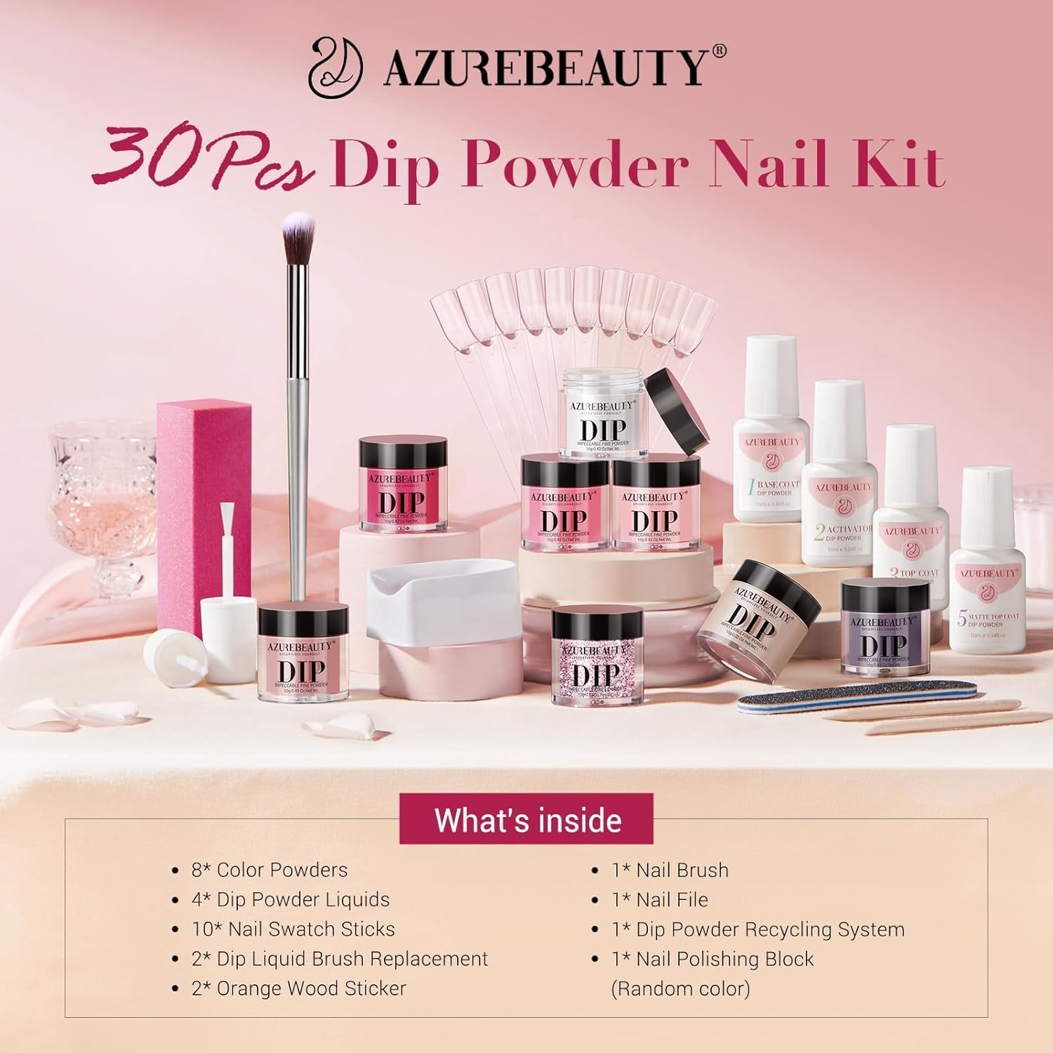 AzureBeauty base, activator, and top coats enable a smooth three-step dip process.