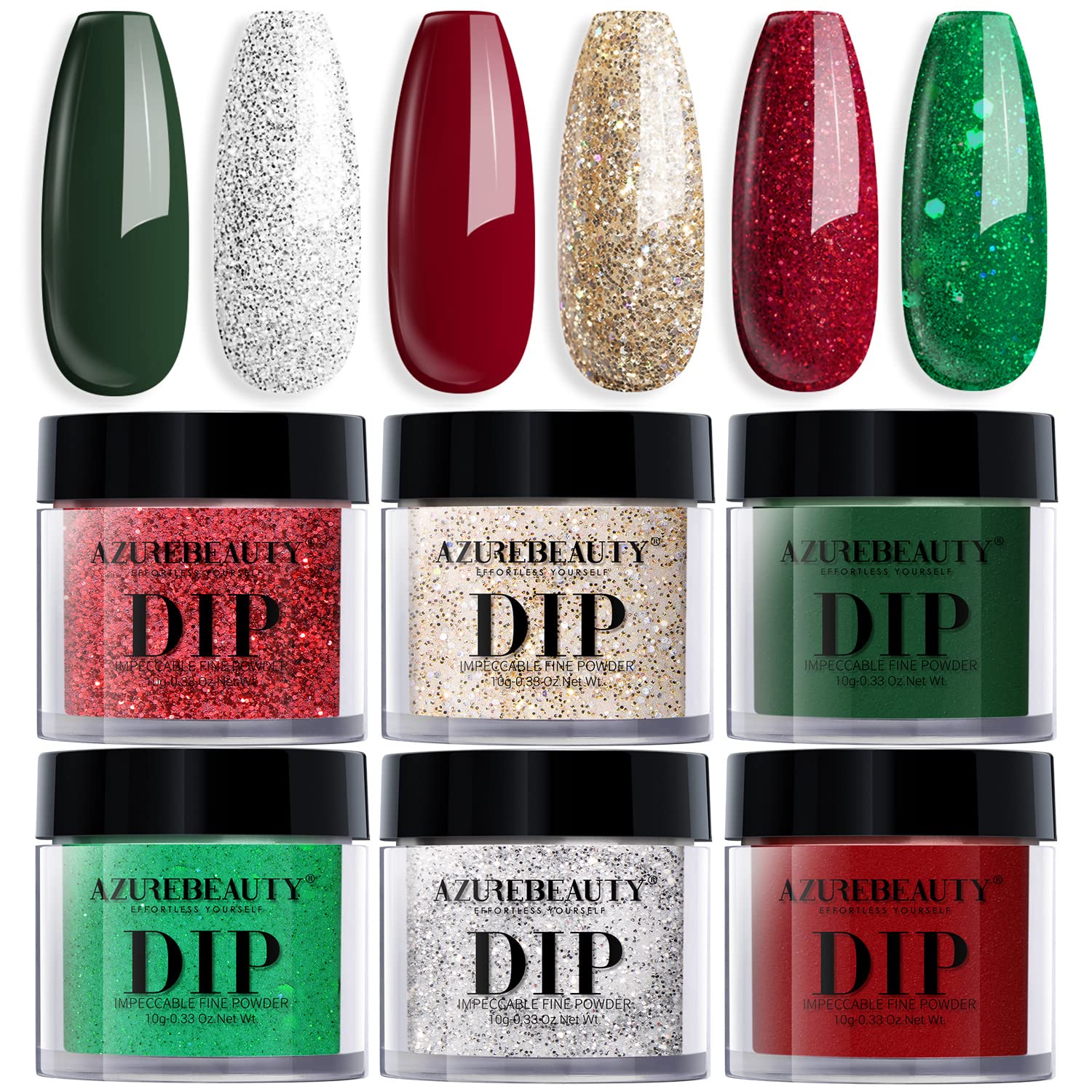AzureBeauty Dip Powder Set front view displays six festive hues for DIY nails.