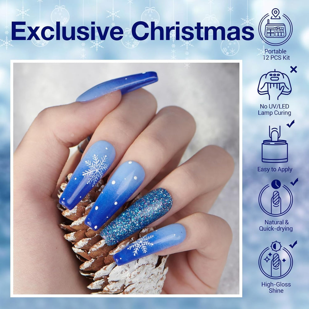 AzureBeauty nails showcase long-lasting shine with glitter powder finish.