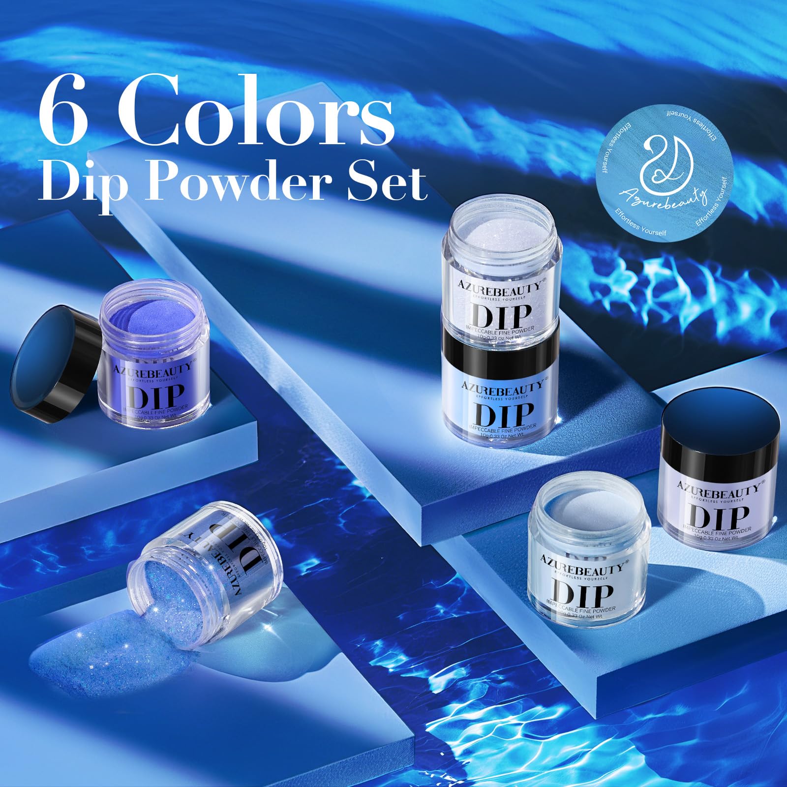 AzureBeauty sky blue glitter powder enhances nail art for occasions.