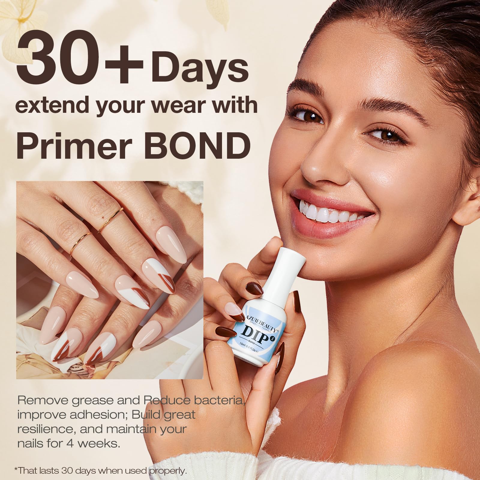 AZUREBEAUTY dip top coat 15ml seals color with chip resistance.