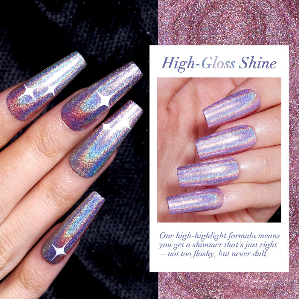 AzureBeauty nails glow with rainbow reflections and high shine under light.
