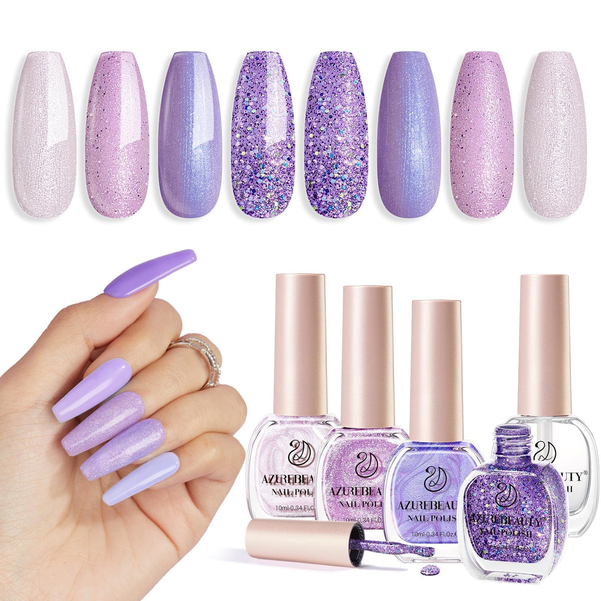 AZUREBEAUTY lavender nail polish set bottles for at-home manicures.