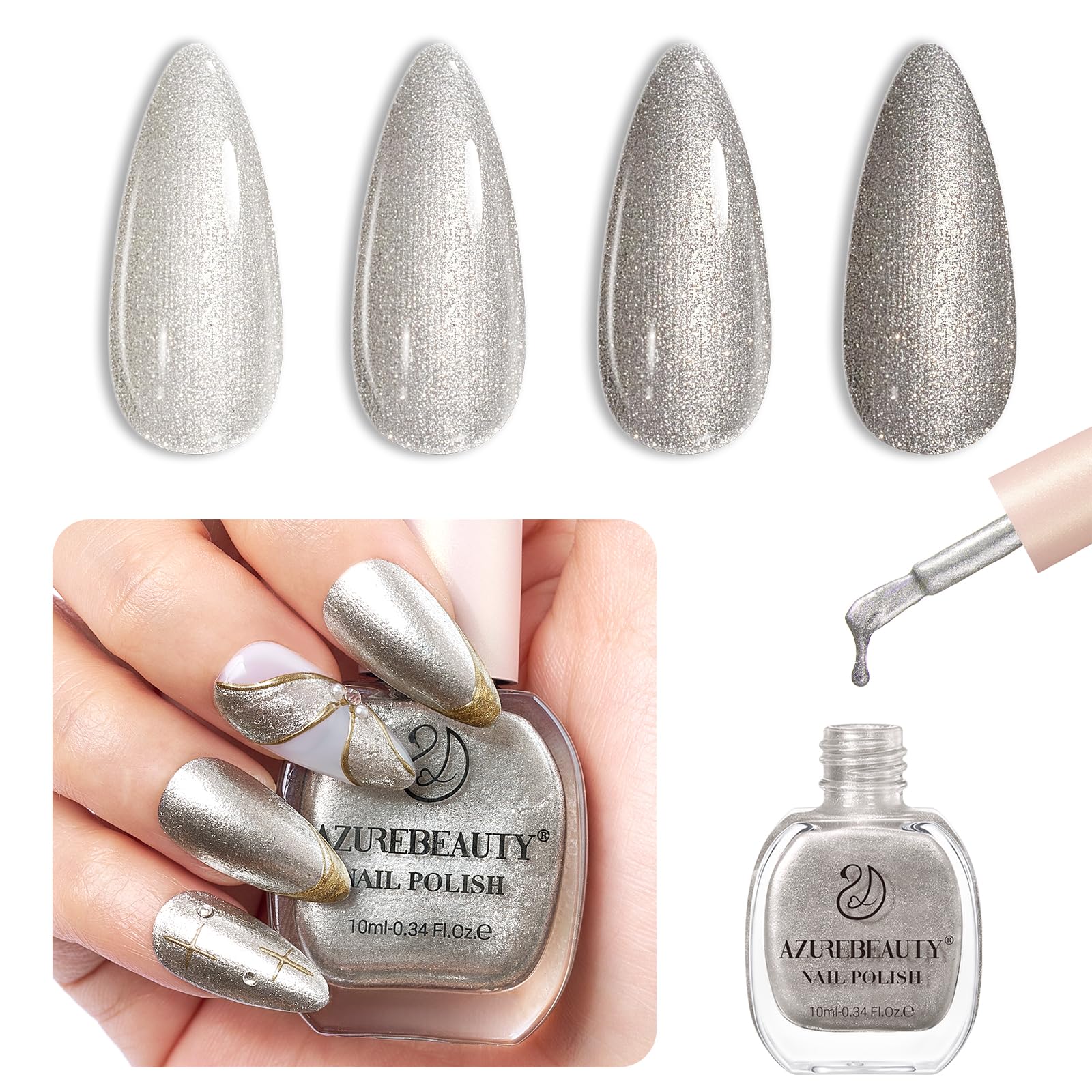 AZUREBEAUTY silver glitter nail polish bottle with shimmering finish for easy glam