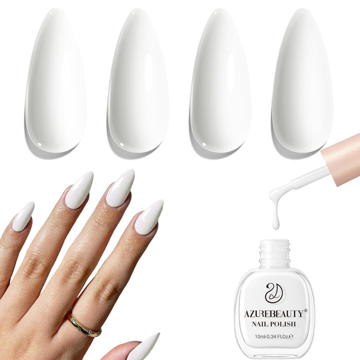 AzureBeauty Warm White Nail Polish bottle close-up; quick-dry formula.
