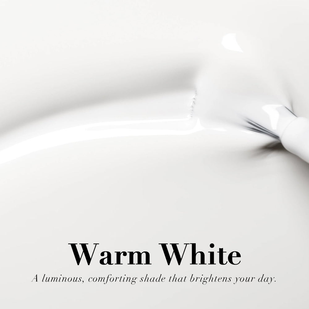 Close-up of AzureBeauty Warm White Nail Polish bottle, professional design.