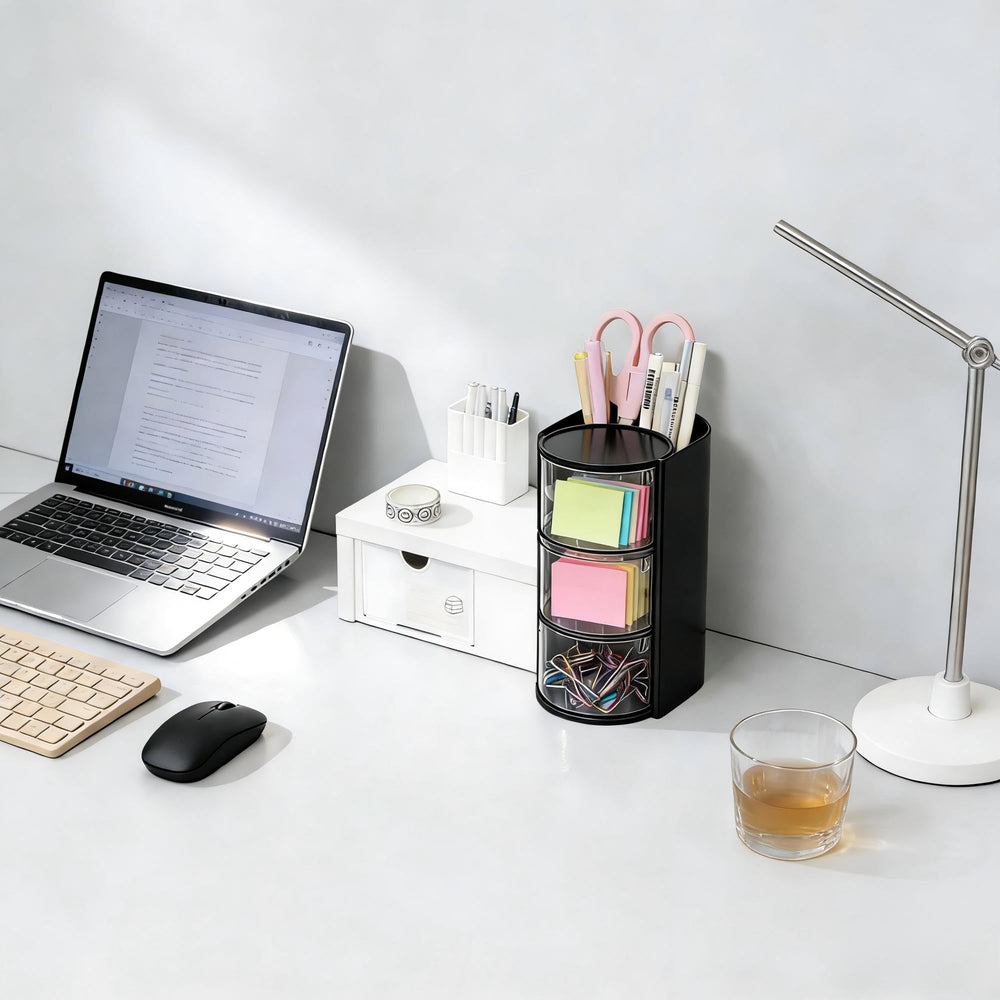 Azurphoric compact black stand fits on bathroom or dresser surfaces.